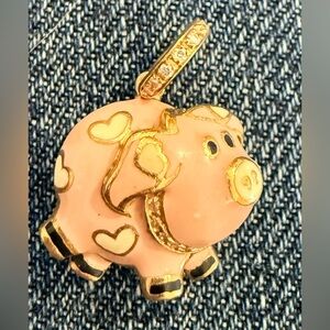 RARE!! AARÓN BASHA VINTAGE Pink and 18k Gold Pig Pendant WITH DIAMOND COLLAR